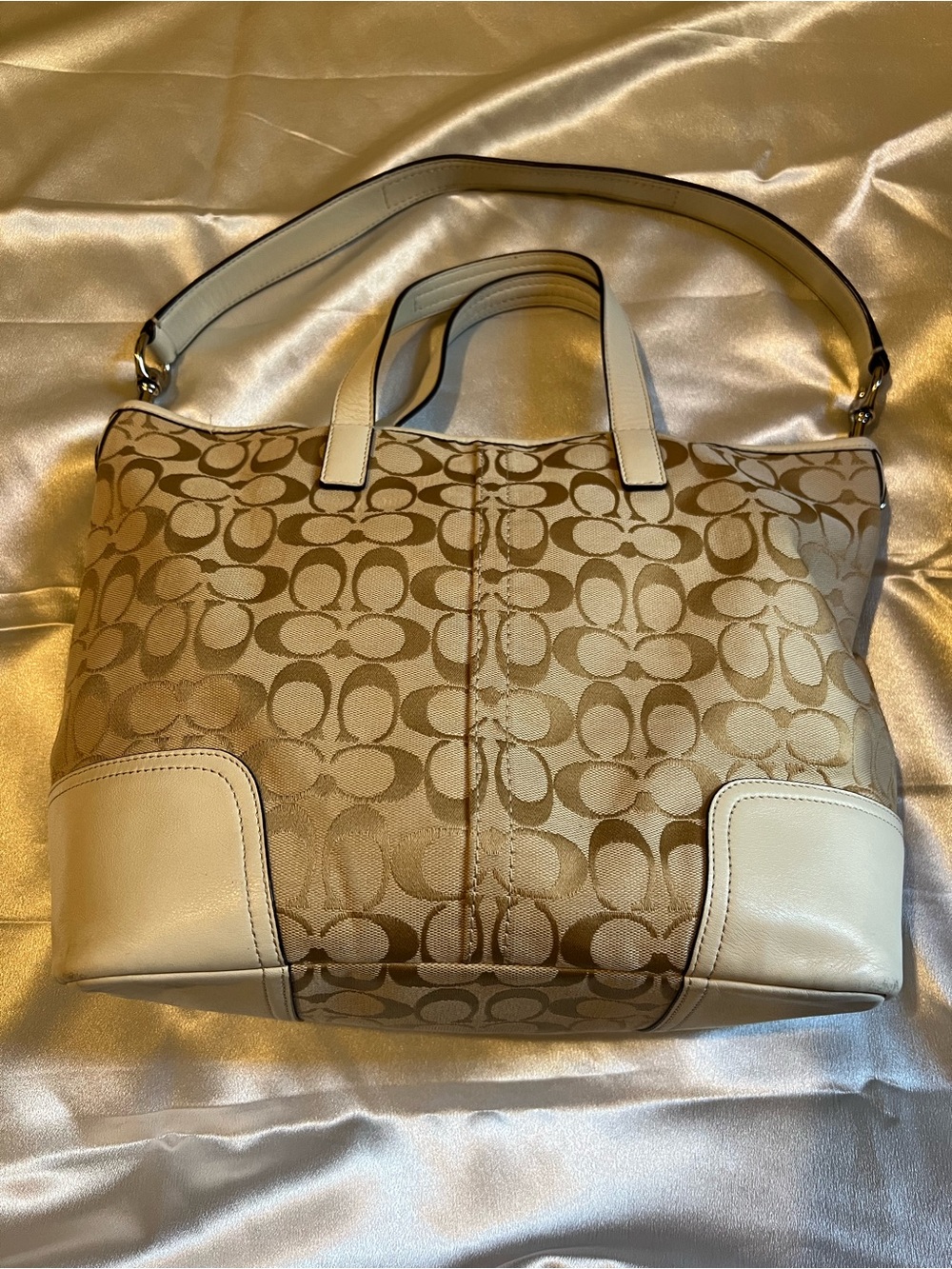 Coach Khaki Signature Canvas Tote with Chalk Trim